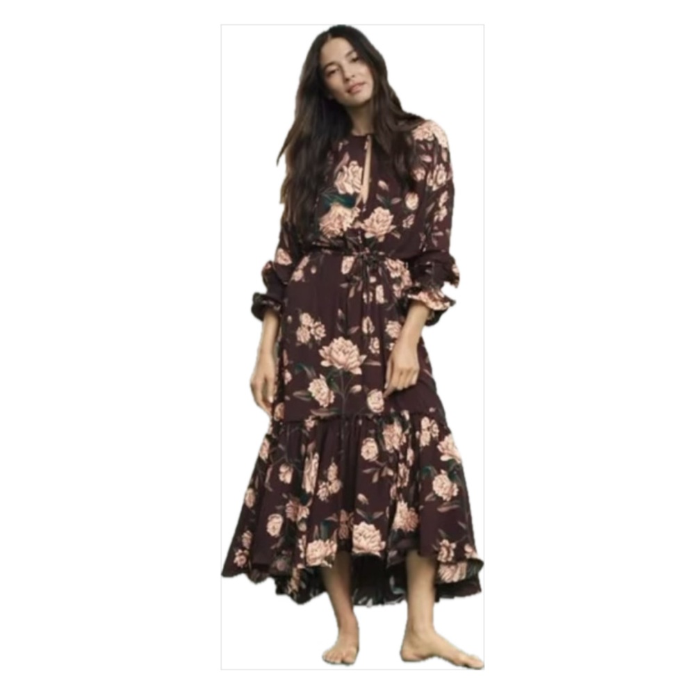 Johanna Ortiz x H&M Flounced Floral Maxi Dress with Ruffled Sleeves XS Brown
